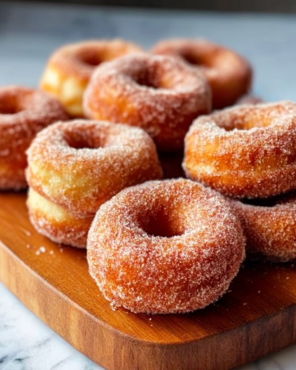 A group of golden-brown donuts covered in sugar is placed on a wooden board. The donuts have a slightly rough texture because of the sugar, and they look soft and fluffy. The wooden board is set on a white marbled surface, creating a nice contrast with the donuts. The donuts are arranged closely together, showing different sizes and shapes but all with a round hole in the middle. The light shines gently, making the sugar on the donuts sparkle. Photo taken with an iphone --ar 4:5 --v 7