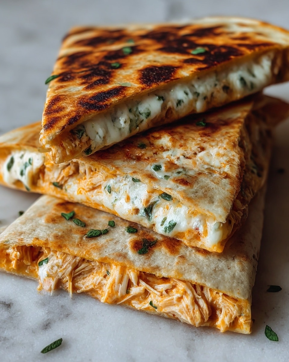 A close-up view of three folded quesadilla triangles stacked on top of each other on a white marbled surface, showing three layers: a toasted golden-brown tortilla with dark char marks on top, a middle layer of melted white cheese with green herb bits, and a bottom layer of shredded cooked chicken with a light orange sauce. The triangles are arranged so the fillings are clearly visible, and small green herbs are sprinkled on the top tortilla. photo taken with an iphone --ar 4:5 --v 7