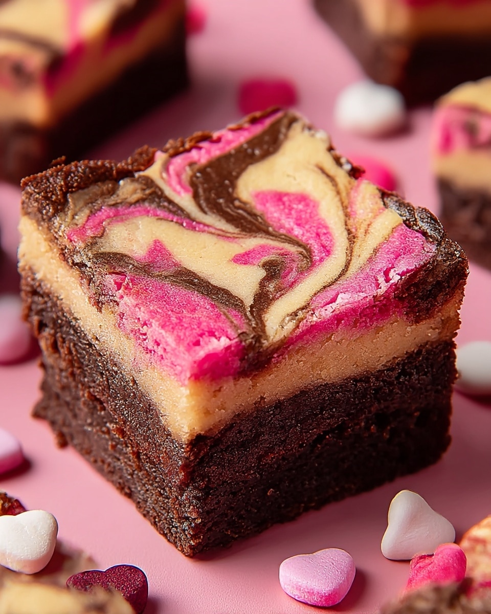 The image shows a close-up of a square brownie with three visible layers: the bottom layer is thick, dark brown, and fudgy with a dense texture, the middle layer is a creamy beige with swirls of bright pink and chocolate brown creating a marbled pattern that spreads unevenly across the top, and the top layer has a thin, cracked, crispy chocolate crust that adds a rough texture. The brownie sits on a soft pink surface scattered with small, heart-shaped candies in white and dark pink colors. photo taken with an iphone --ar 4:5 --v 7