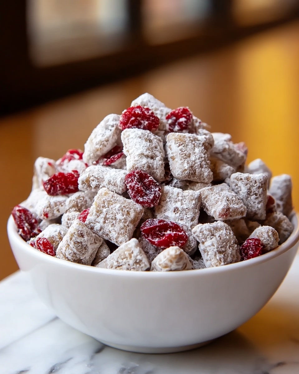 A white bowl is filled to the top with square cereal pieces coated in white powdered sugar, each piece showing some red bits inside, mixed with shiny, deep red dried berries scattered throughout. The cereal pieces have a rough texture, and the powdered sugar layer looks soft and powdery. The bowl sits on a wooden surface with a blurred brown background. photo taken with an iphone --ar 4:5 --v 7