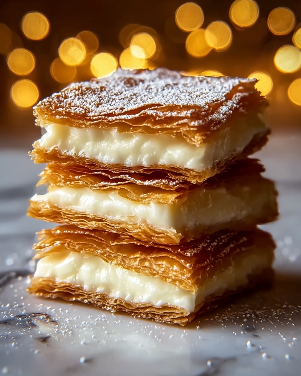 A close-up view of a stack of three square layers of golden brown, flaky pastry with a creamy white filling between each layer. The top and bottom layers are crisp and textured with fine, crunchy flakes, slightly dusted with a light sprinkle of powdered sugar. The creamy filling looks smooth and thick, slightly oozing out from between the pastry layers. The dessert is set on a wooden surface with small scattered powdered sugar around it and warm, blurred fairy lights glowing softly in the background, creating a cozy atmosphere. Photo taken with an iphone --ar 4:5 --v 7