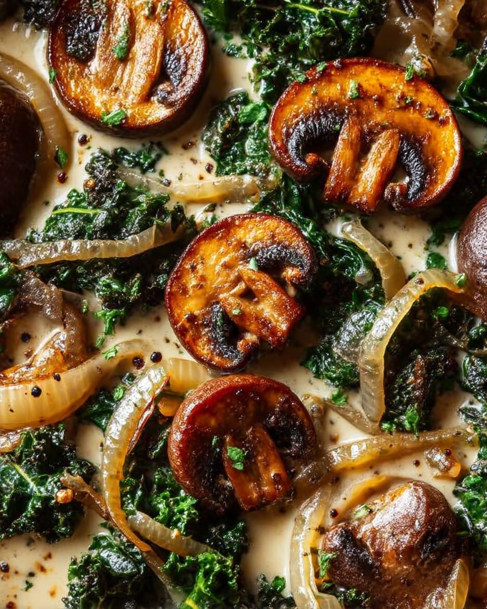 The image shows a close-up of a cooked dish featuring three main layers: the base layer is sautéed kale with dark green curly leaves scattered across the white marbled surface. Above the kale are caramelized onions, translucent light golden strands mixed evenly throughout. On top are browned mushroom caps and sliced pieces with a rich golden-brown color, showing slight charring and moist texture. The dish is lightly coated with a creamy beige sauce with small black pepper specks and sprinkled with finely chopped fresh green herbs. Photo taken with an iphone --ar 4:5 --v 7