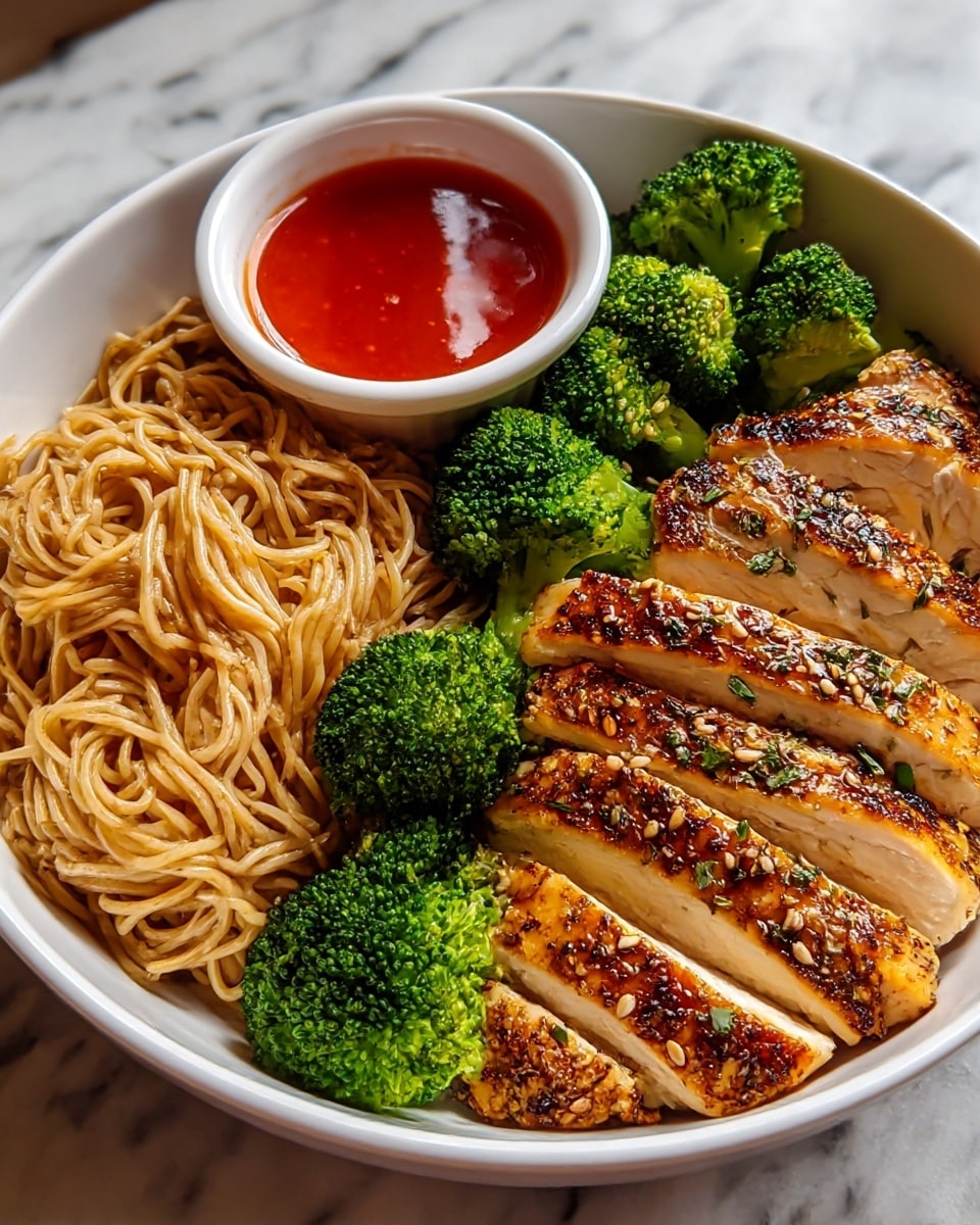 A white bowl filled with three main layers: on the bottom left are light brown noodles with a slightly glossy texture, to the right is grilled chicken cut into thick slices with a shiny, caramelized surface sprinkled with spices, and on the top left are bright green broccoli florets with a fresh, slightly shiny look. At the top center, there is a small white cup filled with red sauce. The bowl is placed on a white marbled texture. photo taken with an iphone --ar 4:5 --v 7