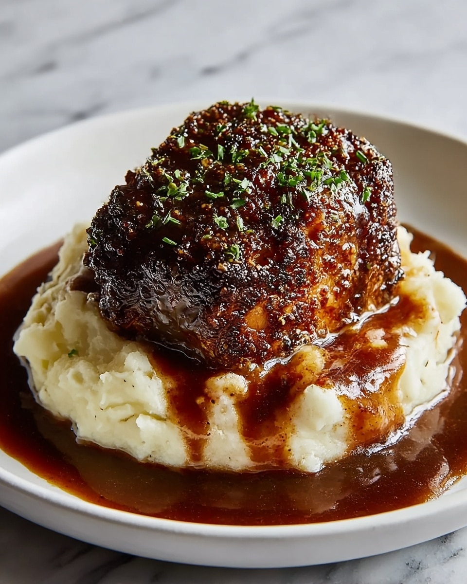 A white plate shows a serving of mashed potatoes as the bottom layer, soft and creamy with a slightly lumpy texture and a pale off-white color with green herbs sprinkled on top. On top of the mashed potatoes sits a thick, dark brown crusted piece of meat or fish, crispy with a rough texture and herbs mixed into the crust. A rich, glossy brown sauce is poured around and a little over the mashed potatoes, adding shine and moisture. The dish rests on a white marbled surface. photo taken with an iphone --ar 4:5 --v 7