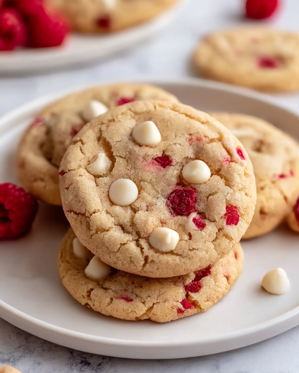 The image shows a close-up of several soft, round cookies stacked slightly on a white plate, placed on a white marbled surface. Each cookie has a light golden-brown base with cracks on the surface, and is speckled with bright red bits of raspberry and smooth white chocolate chips, creating a mix of colors and textures. The raspberries provide small, juicy red pops evenly spread across the cookies, while the white chocolate chips sit slightly melted but distinct, adding smoothness. The cookies appear thick and chewy with a slightly crisp edge. In the background, there are blurred raspberries and more cookies on the plate. photo taken with an iphone --ar 4:5 --v 7