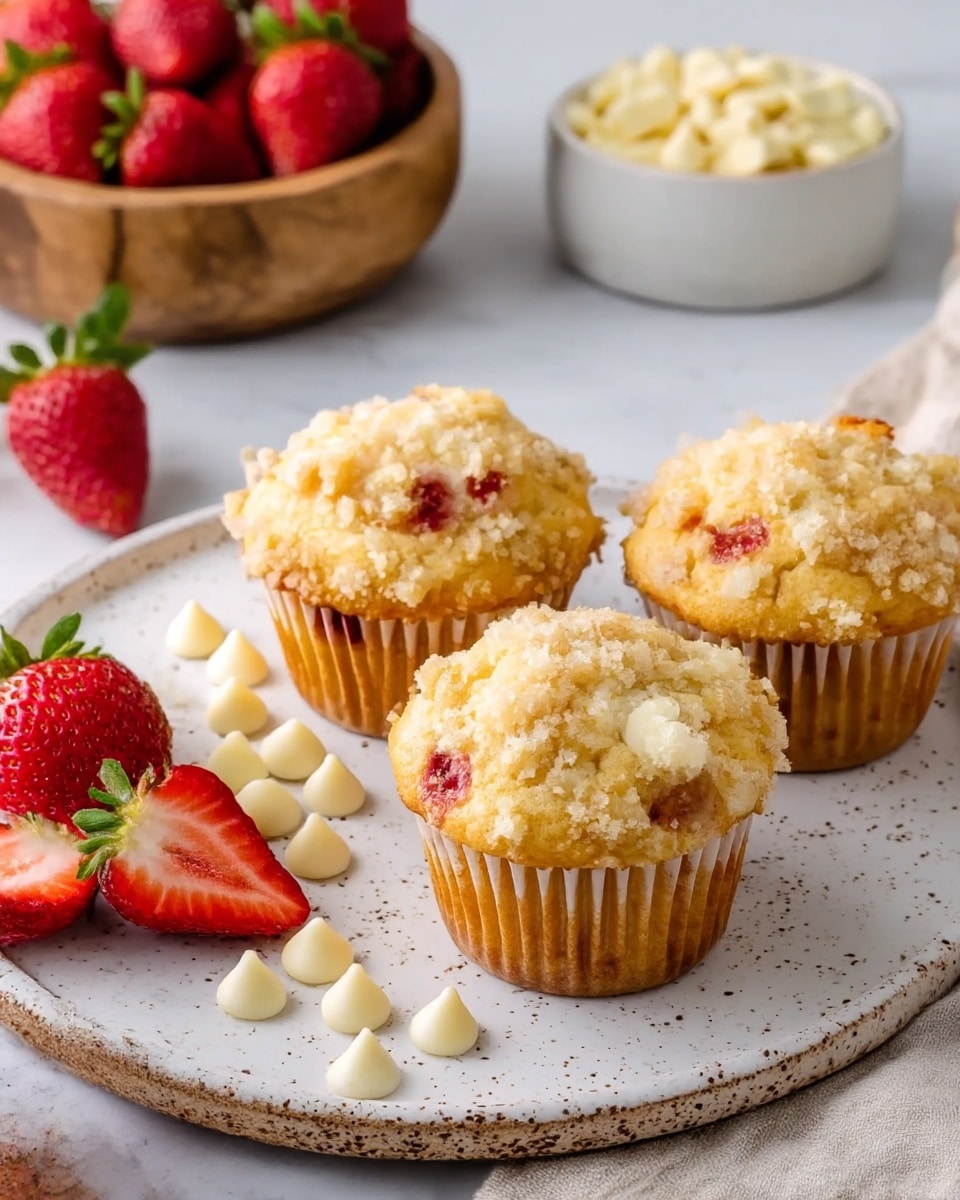 Three golden-brown muffins with crumbly streusel tops sit on a large white speckled plate. The muffins have a light, soft texture with small red strawberry pieces visible inside and are lined up with one in front and two behind it. To the left of the muffins, fresh strawberries, both whole and halved showing bright red flesh and green leaves, are placed next to creamy white chocolate chips scattered on the plate. In the background, a wooden bowl filled with more red strawberries and a white bowl with more white chocolate chips add depth. The whole scene is on a white marbled surface with a light-colored cloth partially visible under the plate. photo taken with an iphone --ar 4:5 --v 7