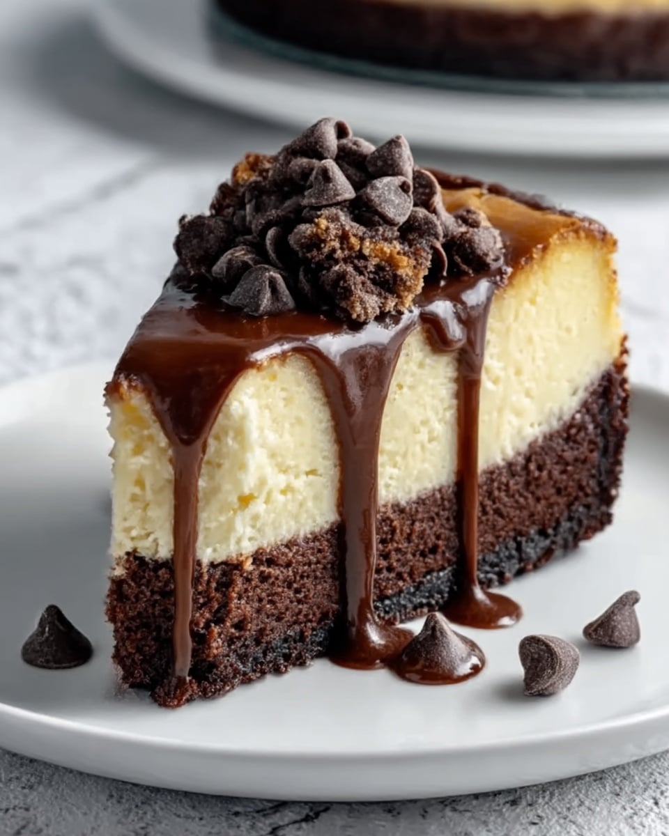 A slice of two-layer cheesecake sits on a white plate against a white marbled textured surface. The bottom layer is dark brown and looks dense like chocolate cake, while the top layer is creamy light yellow cheesecake. On top, thick dark chocolate sauce drips down the sides, covering the top surface. A pile of chocolate chips and small cookie crumbles sits in the middle on top of the chocolate sauce. A few chocolate chips are scattered on the plate around the slice. photo taken with an iphone --ar 4:5 --v 7