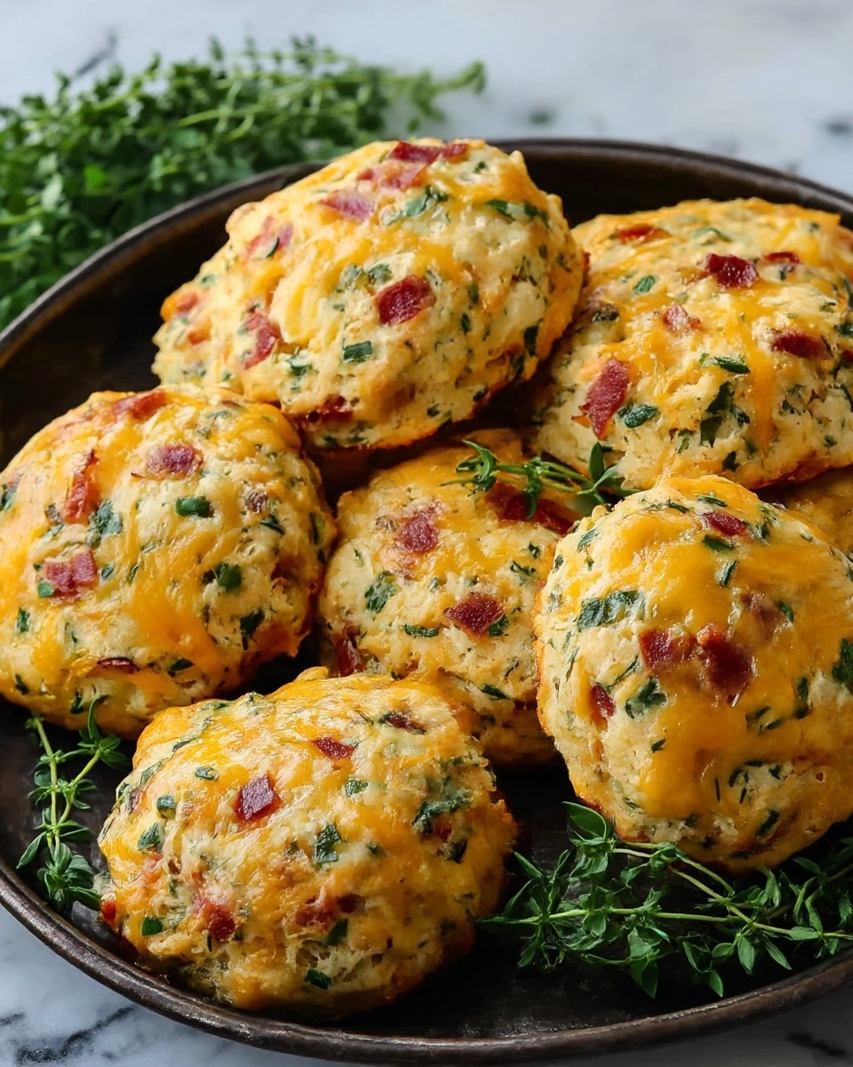 The image shows a close-up of a dark metal tray filled with about eight golden brown cheese and herb scones. Each scone has a round, slightly rough shape, with a light texture highlighted by bits of melted cheddar cheese, small green herb pieces, and reddish bacon chunks evenly spread throughout. The tops are golden with melted cheese patches, and there are some fresh green herb sprigs placed on the tray for decoration. The background is a white marbled surface with some blurred green herbs for contrast. Photo taken with an iphone --ar 4:5 --v 7