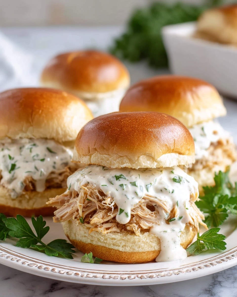 Three chicken sandwich sliders sit on a white plate with a detailed border, arranged in a tight cluster. Each slider has three visible layers: the shiny, golden-brown top bun with a smooth texture; a thick middle layer of shredded chicken covered by a creamy white sauce dotted with green herbs, some sauce dripping slightly; and a soft light tan bottom bun. Fresh green parsley leaves garnish the plate around the sliders. The background is softly blurred with a white marbled texture surface beneath the plate, creating a clean and bright setting. photo taken with an iphone --ar 4:5 --v 7