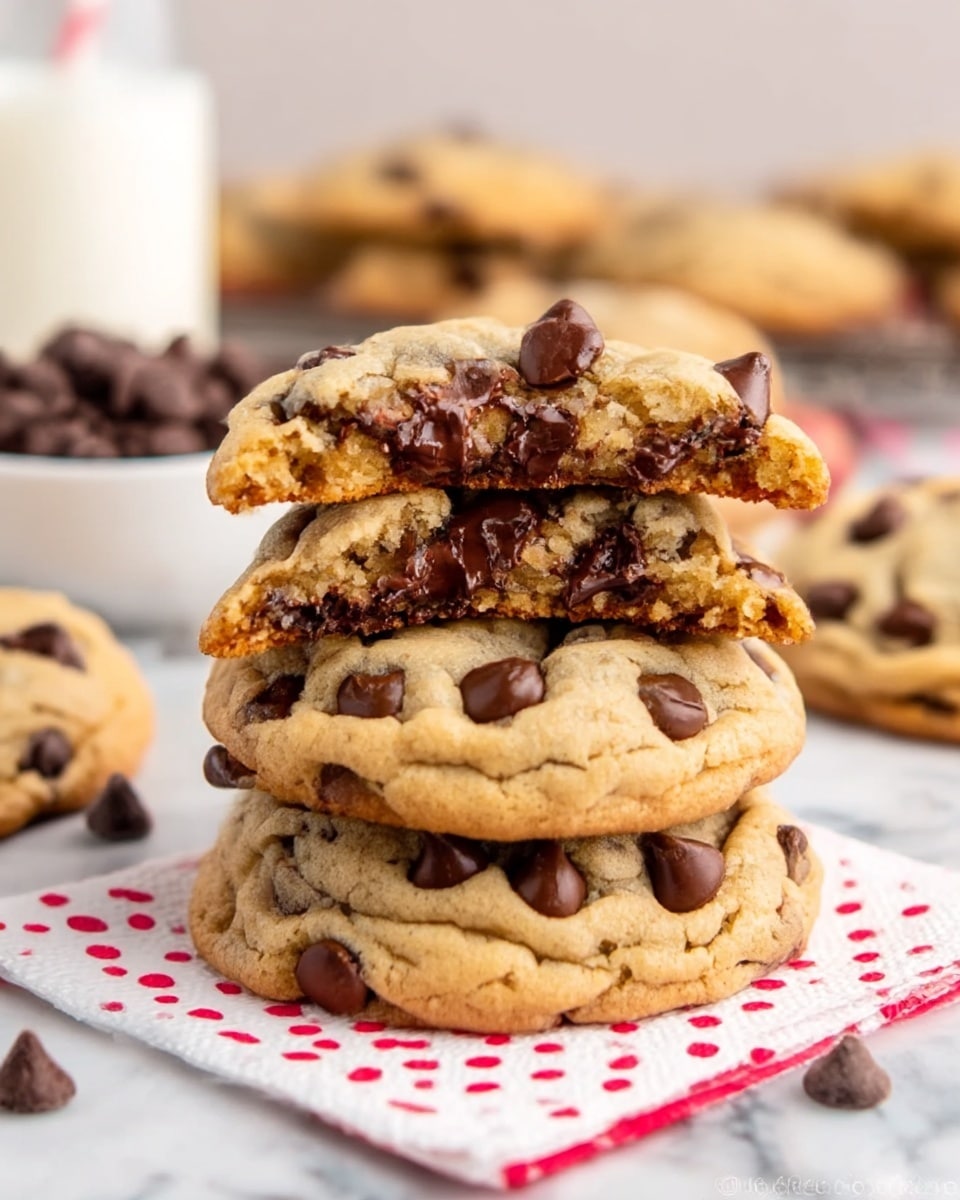 The image shows four thick chocolate chip cookies stacked on top of each other on a white napkin with red dots, placed on a white marbled surface. The bottom three cookies are whole, golden brown with many dark chocolate chips, and slightly cracked on top, showing a soft texture. The cookie on the top is broken into three uneven pieces, revealing a gooey inner texture filled with melted chocolate chips and light brown dough. In the background, there is a white bowl filled with more chocolate chips and a white glass of milk slightly out of focus. The scene is bright and warm, highlighting the rich colors and textures of the cookies. Photo taken with an iphone --ar 4:5 --v 7