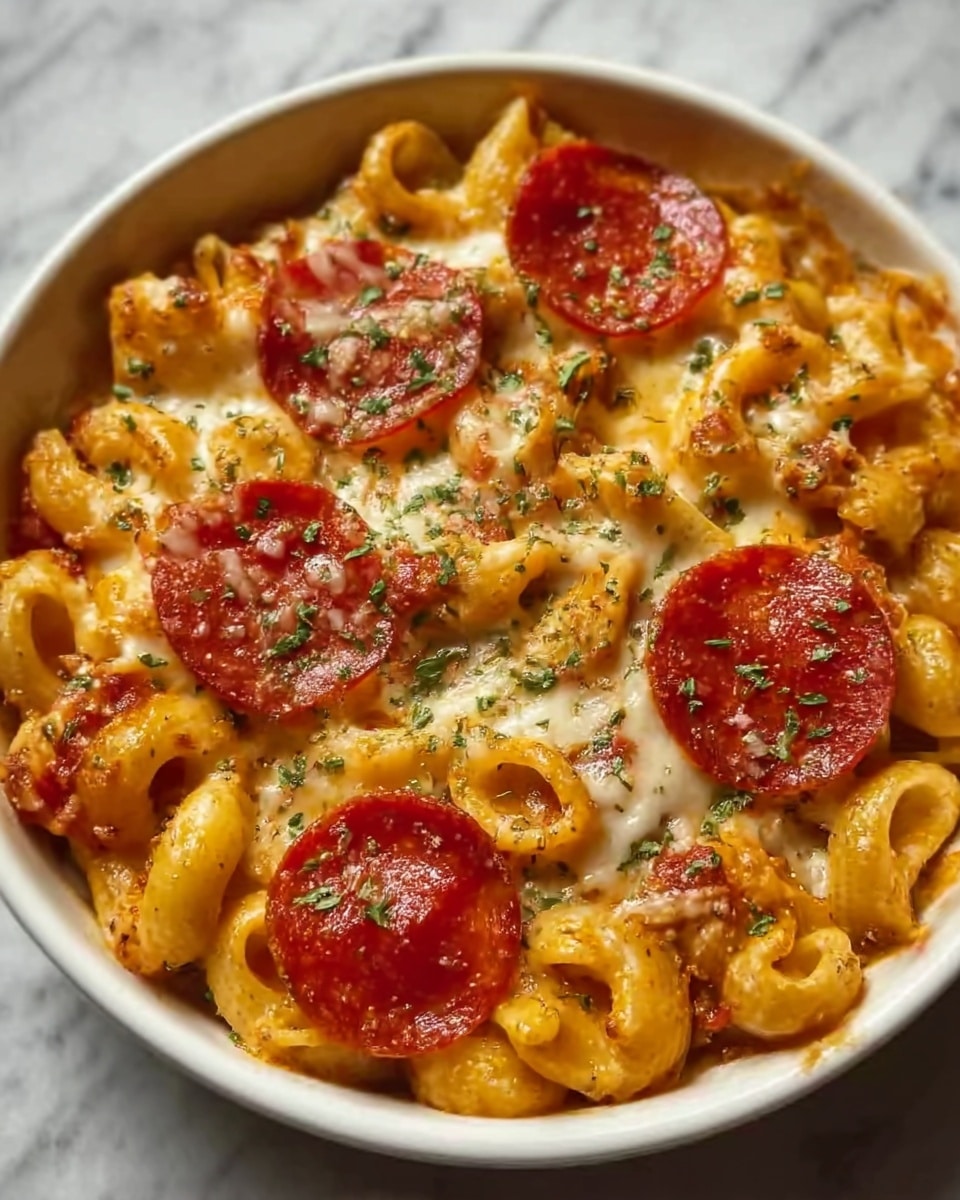 A white bowl filled with rich pasta layers, starting with large curved macaroni noodles coated in a creamy, light orange sauce. On top, there are melted white cheese patches stretching and blending into a golden slightly browned layer, sprinkled with finely chopped herbs. Slices of bright red pepperoni are spread evenly on the cheese, adding a glossy, oily texture. The whole dish has a warm, inviting look with the sauce and cheese bubbling together, sitting on a white marbled surface. photo taken with an iphone --ar 4:5 --v 7