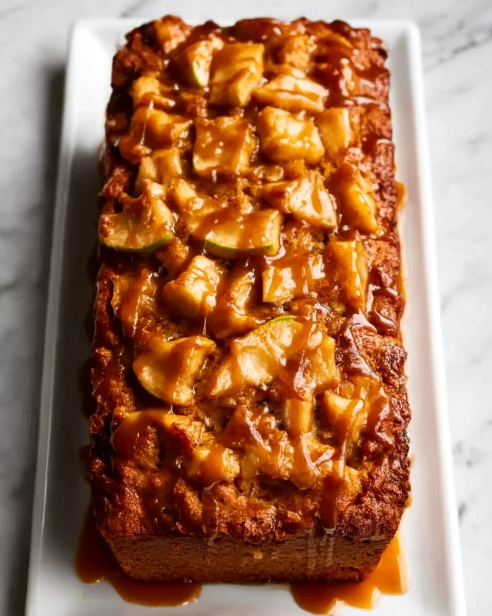A rectangular loaf cake with a golden brown crust sits on a white rectangular plate, placed on a white marbled surface. The top layer features uneven chunks of caramelized apples, giving a textured, glossy look with a slightly sticky caramel drizzle running unevenly over the apples and sides. The cake itself has a soft, dense texture with a light brown interior visible at the edges. The overall color palette is warm, with deep browns and amber tones from the caramelized topping. Photo taken with an iphone --ar 4:5 --v 7