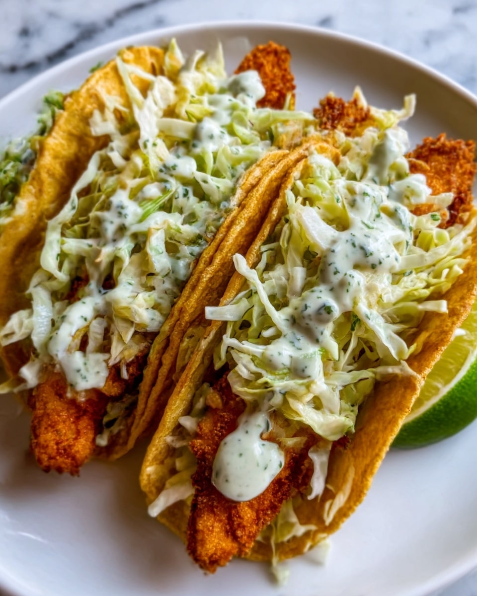 Three tacos are placed side by side on a white plate, each filled with a golden-brown fried chicken strip as the bottom layer. On top of the chicken, there is a layer of thinly shredded light green cabbage, adding texture. A creamy white sauce with green herbs is drizzled generously over the cabbage, creating a contrast with the warm tones of the chicken and cabbage. A small green lime wedge is visible at the edge of the plate. The white plate rests on a white marbled surface. photo taken with an iphone --ar 4:5 --v 7