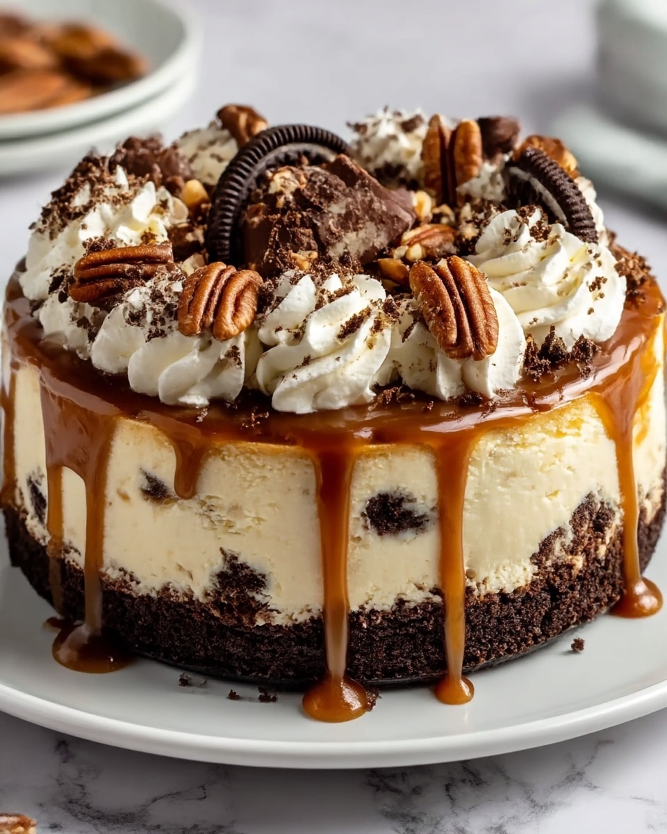 A round cheesecake sits on a white plate with a dark cookie crumb crust on the bottom layer. The middle layer is creamy white with dark cookie bits mixed in. The top has a thick caramel sauce that drips down the sides. Around the edge, there are swirls of white whipped cream topped with chopped nuts and chocolate shavings. In the center, there are halved chocolate sandwich cookies and whole nuts. The background is a white marbled texture. photo taken with an iphone --ar 4:5 --v 7