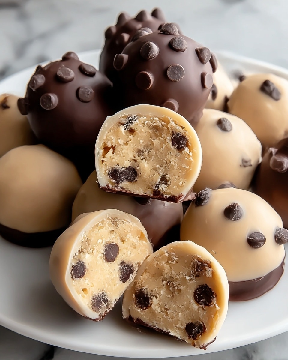 A white plate holds several round cookie dough truffles with two main layers: an outer coating of smooth, light beige chocolate dotted with dark chocolate chips, and an inner layer of crumbly, pale cookie dough embedded with dark chocolate chips. Some truffles are fully coated in dark chocolate with a slightly glossy texture and dark chocolate chips on top, while two truffles are cut in half at the front showing the crumbly inside and thin dark chocolate base layer. The truffles are arranged closely, sitting on a white marbled surface. Photo taken with an iphone --ar 4:5 --v 7
