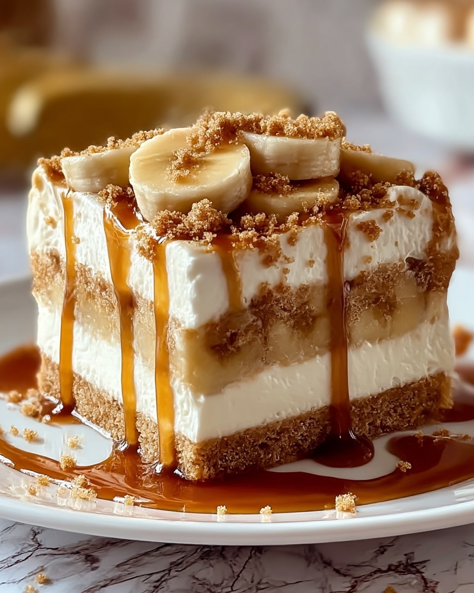 A square slice of layered dessert sits on a white plate with a brown decorative rim, placed on a white marbled surface. The dessert has three clear layers: the bottom layer is a crumbly light brown crust, the middle layer is thick and creamy white, and the top layer is composed of light beige chunks sprinkled with crumbled brown topping. Golden caramel sauce drizzles down the sides and pools around the dessert, enhancing the textures and colors, with a small pile of crumbs scattered on the plate near the base. Photo taken with an iphone --ar 4:5 --v 7