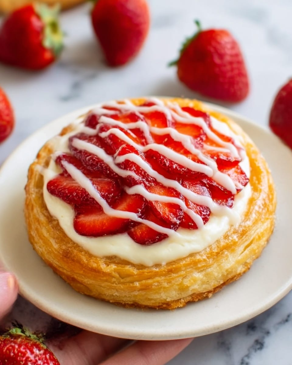 The image shows a close-up of a round pastry with flaky, golden-brown layers forming its base. On top, there is a thick, creamy white layer, evenly spread, followed by a pile of bright red strawberry pieces with a glossy, syrupy shine. The pastry is drizzled with additional white icing in thin lines across the strawberries. The pastry sits on a white plate, placed on a white marbled surface. Photo taken with an iphone --ar 4:5 --v 7