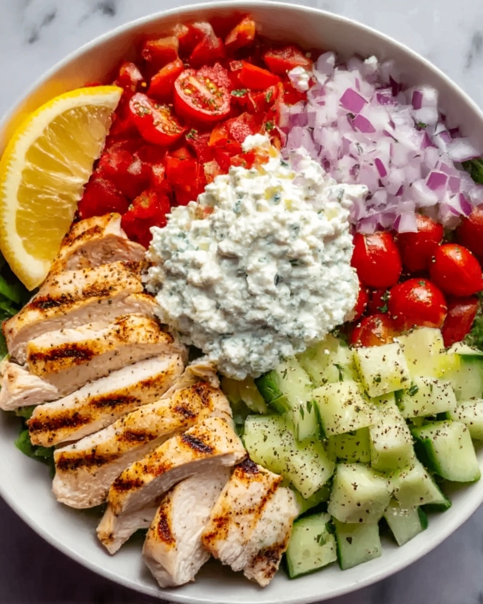 The dish is a white bowl filled with several colorful layers arranged side by side. Starting from the left, there are light green cucumber cubes with some black pepper sprinkled on top. Next to that, finely chopped purple-red onions form a small pile. To the right of the onions, bright red tomato slices with herbs are placed. In the center, a generous scoop of creamy white sauce sits on top of small white cheese pieces. On the bottom left, slices of grilled chicken with brown grill marks lay neatly in a row, and a bright yellow lemon wedge is placed on the bottom right edge. The bowl rests on a white marbled surface. photo taken with an iphone --ar 4:5 --v 7
