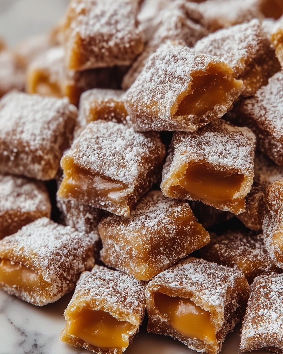 A close-up view of many small, square-shaped bites covered with a light dusting of white powdered sugar, each piece showing a deep golden brown color and a crispy texture; some of the squares are slightly opened, revealing a smooth, creamy, amber caramel filling inside; the bites are stacked closely together, filling the frame, resting on a white marbled surface. photo taken with an iphone --ar 4:5 --v 7
