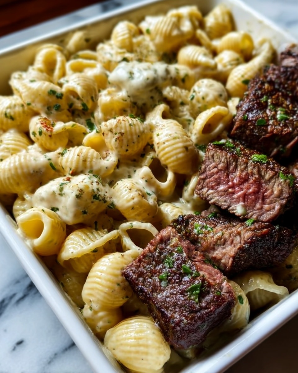 The image shows a white rectangular dish filled with creamy mac and cheese and pieces of grilled steak. On the left, there is a layer of pale yellow macaroni covered in rich, smooth cheese sauce. On the right, there are several pieces of brown, juicy steak with a slightly charred texture, seasoned with green herbs sprinkled on top. The dish rests on a white marbled surface. Photo taken with an iphone --ar 4:5 --v 7