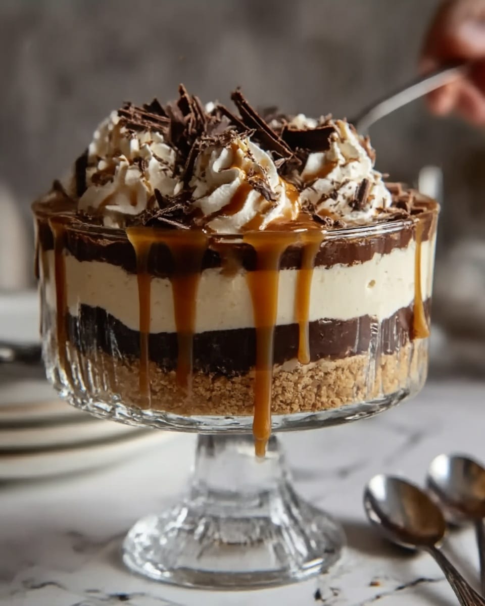 A clear glass dessert bowl holds a layered dessert with four visible layers: the bottom layer is light brown and crumbly like crushed cookies, above it is a thick dark chocolate layer, followed by a creamy off-white layer, and then topped with smooth light brown caramel sauce dripping down the sides. On top, there are swirls of whipped cream and dark chocolate shavings that add texture and contrast. The bowl sits on a table with a white marbled texture background, alongside blurred spoons and a woman's hand holding one. Photo taken with an iphone --ar 4:5 --v 7