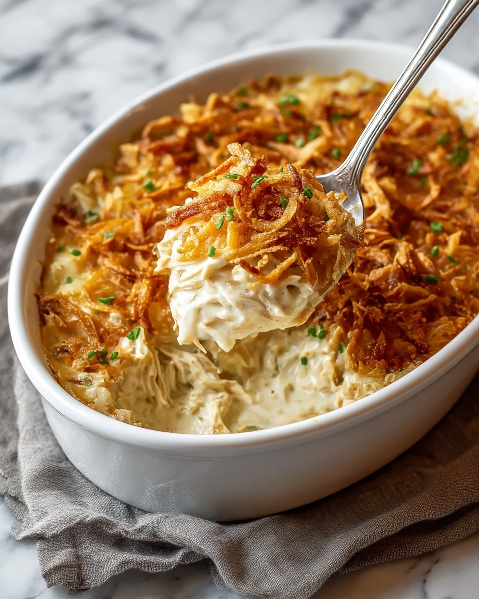 A white oval dish filled with a creamy layered casserole, showing one thick base layer of shredded chicken mixed with a rich, smooth white sauce. On top is a golden-brown layer of crispy fried onion strings scattered unevenly and sprinkled lightly with small bits of chopped green herbs. A silver spoon lifts a generous scoop from the dish, revealing the soft, moist chicken mixture beneath the crunchy top. The dish sits on a wrinkled gray cloth, and the background surface is a white marbled texture. Photo taken with an iphone --ar 4:5 --v 7