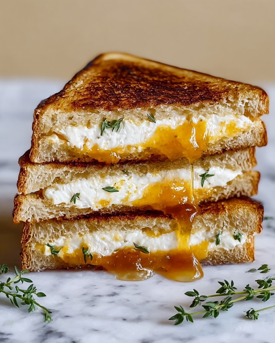 Two triangular pieces of a toasted sandwich stacked on top of each other on a white marbled surface, each slice of bread golden brown with a slightly charred texture. Inside, there are two clear layers: a thick, creamy white cheese layer and a glossy orange marmalade spread with small green herb leaves scattered on top and inside, some marmalade dripping slightly from the sandwich. A few sprigs of fresh green herbs lie nearby. photo taken with an iphone --ar 4:5 --v 7