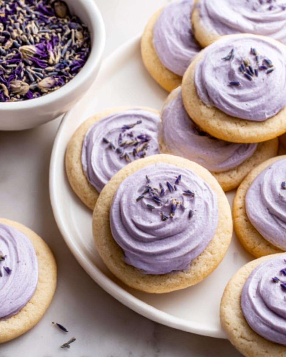 The image shows several round cookies with a light beige color, each topped with a thick, swirled layer of smooth lavender-colored frosting. Small purple flower petals are sprinkled delicately on top of the frosting. The cookies are arranged on a white plate resting on a white marbled surface. Nearby is a white bowl filled with dried purple flower petals, adding to the soft, pastel color theme. Photo taken with an iphone --ar 4:5 --v 7
