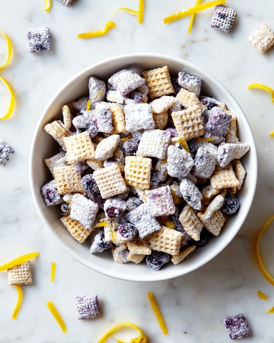 A white bowl filled with a mix of square-shaped, waffle-textured cereal pieces and blueberry-covered cereal pieces dusted heavily with white powdered sugar. The cereal pieces are stacked loosely with a mix of pale beige and purple-blue colors, and there are thin, bright yellow lemon peel strips scattered evenly all over and around the bowl on the white marbled surface. Some cereal pieces are scattered outside the bowl, adding depth and casualness to the scene. photo taken with an iphone --ar 4:5 --v 7