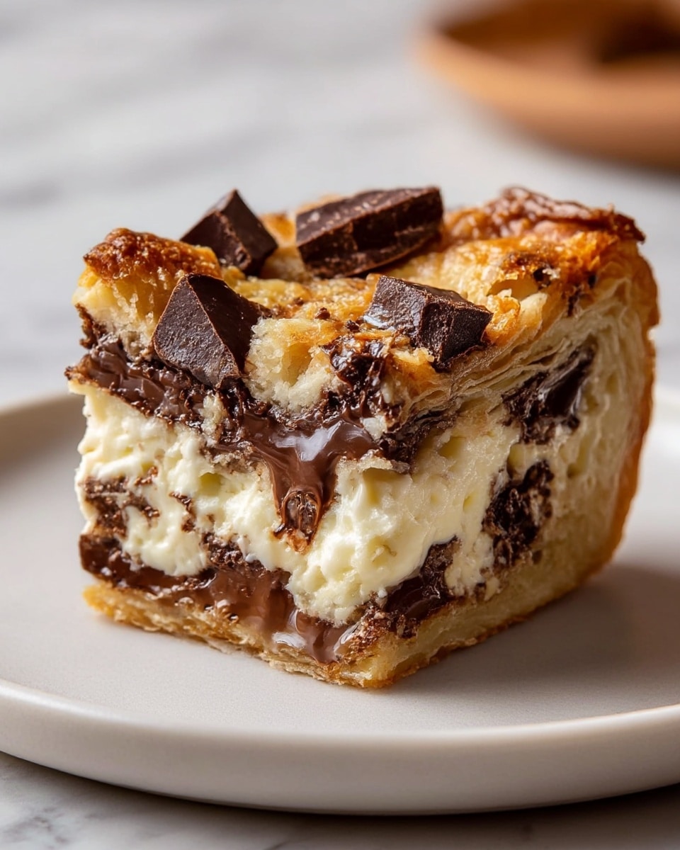 The image shows a thick slice of a layered dessert on a white plate with a gray rim. The bottom layer is a soft, fluffy pastry dough. Above that is a rich, melted dark chocolate layer with a smooth, shiny texture. On top of the chocolate is a creamy white filling that looks soft and smooth. The upper part of the slice is another thick pastry layer, baked to a golden brown with a slightly crispy and flaky texture. On top of the slice are small chunks of dark chocolate, adding texture and depth. The background is a white marbled surface. photo taken with an iphone --ar 4:5 --v 7