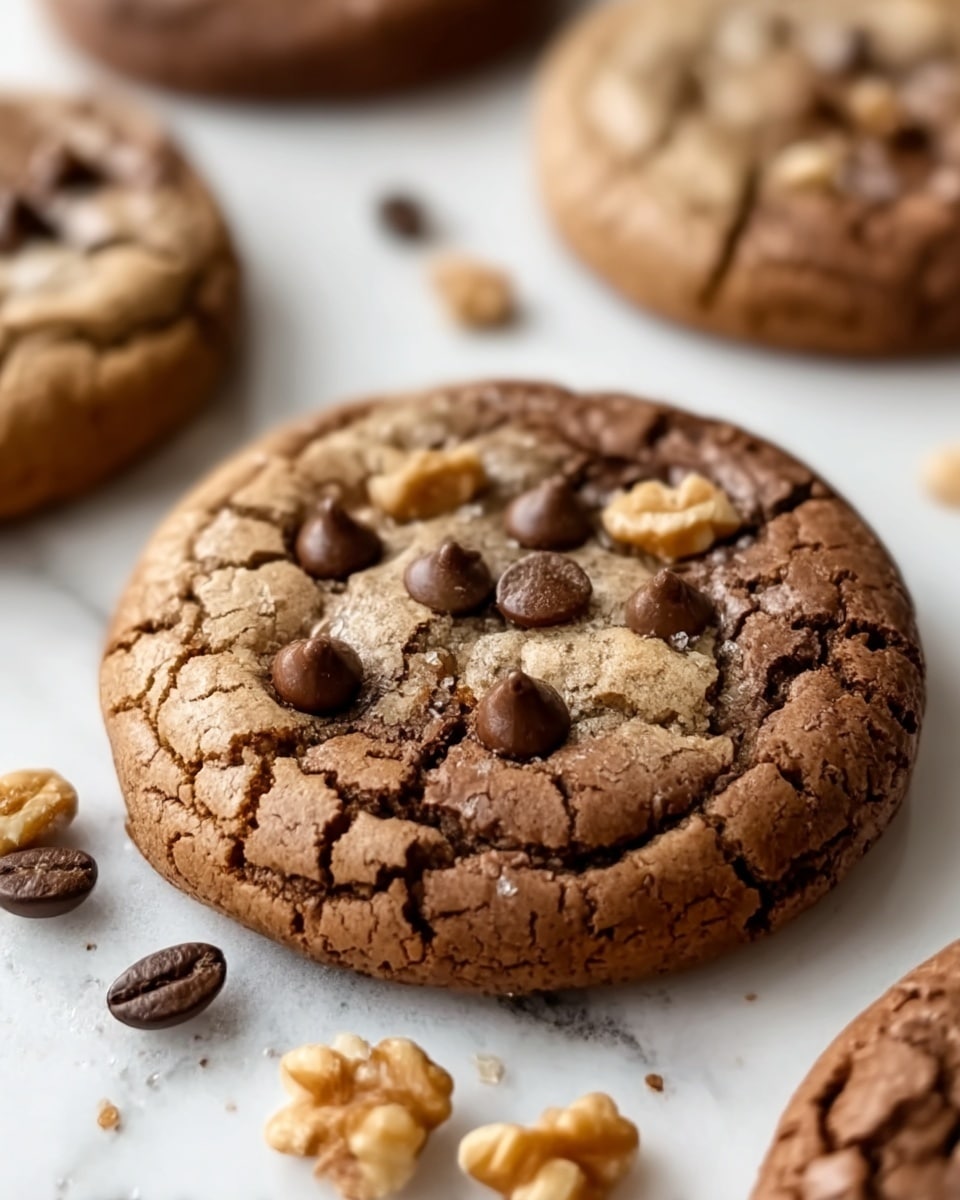 A close-up of a round cookie with a cracked top showing a soft and chewy texture, sprinkled with shiny small chocolate chips in the cracks and on the surface. The cookie is light brown with darker chocolate pieces and is placed on a white marbled surface with more cookies and chocolate chips blurred in the background. Photo taken with an iphone --ar 4:5 --v 7