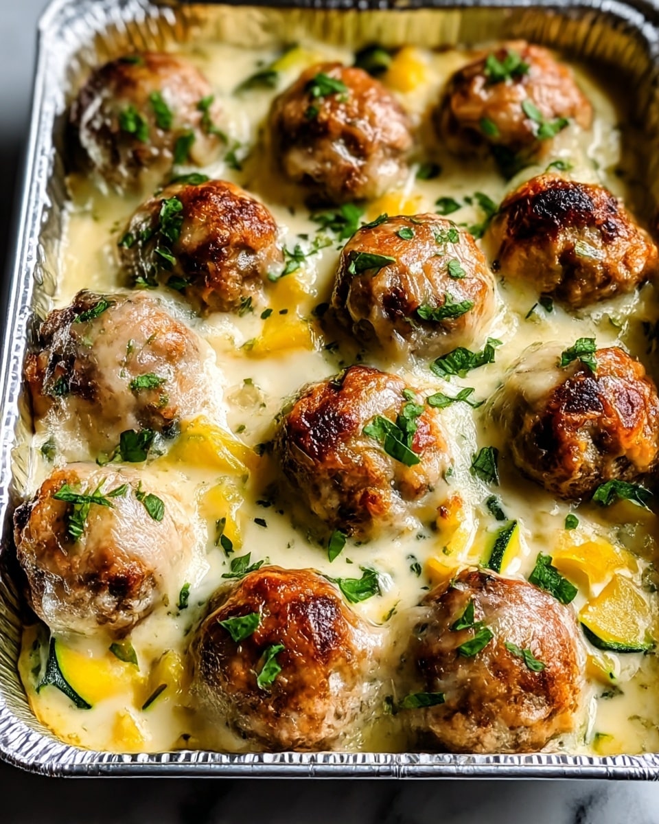 A close-up view of a baked dish in a silver foil tray showing eight meatballs topped with golden-brown melted cheese, slightly crispy on top. Each meatball sits on a creamy white sauce base mixed with soft pieces of light yellow and green vegetables. Small green herb pieces are sprinkled over the dish, adding fresh color. The cheese looks shiny and stringy between the meatballs, giving a rich, gooey texture. The tray rests on a white marbled surface. photo taken with an iphone --ar 4:5 --v 7