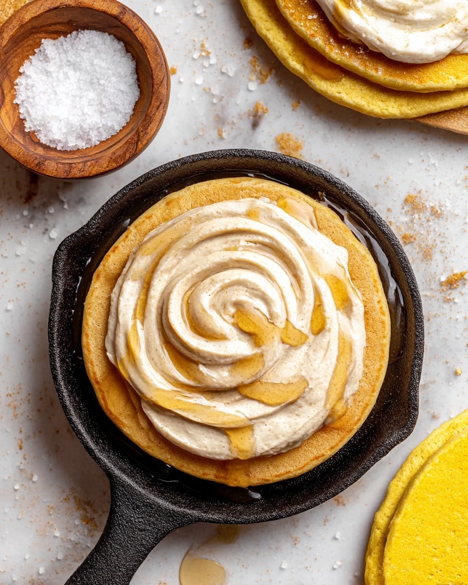 A close-up top view of a small round cornbread pancake with three layers: a golden yellow cornbread base, a thick white swirled cream layer on top with a smooth, soft texture, and a glossy amber honey drizzle spread in a spiral over the cream. The cornbread pancake sits inside a small black cast iron pan, with some white salt crystals scattered around and a small wooden bowl filled with coarse white salt beside it. The background is a white marbled texture with pieces of parchment paper and more golden cornbread pancakes partly visible around the pan. photo taken with an iphone --ar 4:5 --v 7