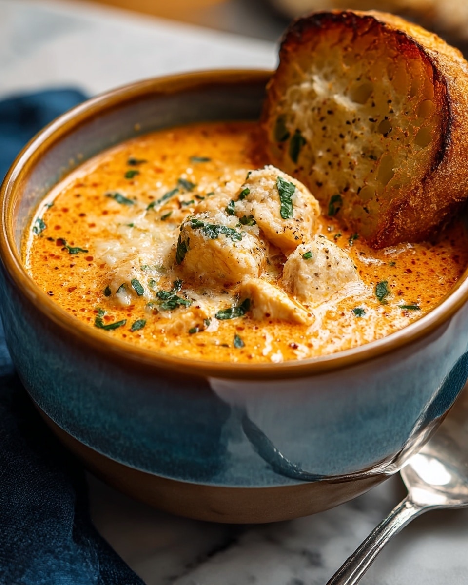 A close-up of a bowl of creamy tomato soup with layers of orange and light cream colors, topped with shredded pieces of chicken that are light beige with a sprinkle of black pepper and finely chopped green herbs. The soup bowl is white with a rough blue edge and is set on a dark wooden surface with a white marbled texture background. On the right side, a piece of toasted bread with a golden brown crispy texture is partially dipped into the soup. A silver spoon rests next to the bowl on a dark blue cloth. photo taken with an iphone --ar 4:5 --v 7