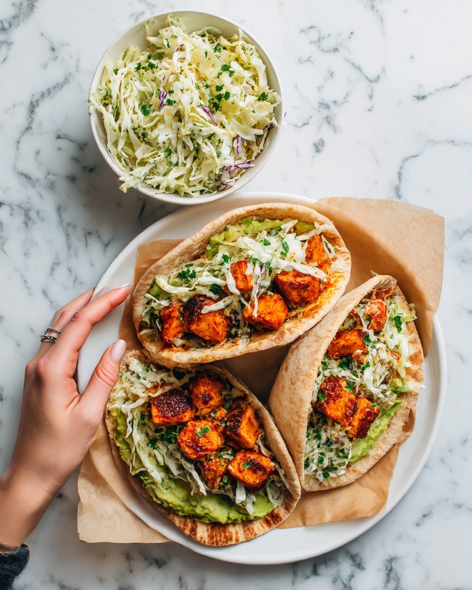 Two sandwich halves are stacked on a white surface with a white marbled texture. Each sandwich has four visible layers: a toasted brown sandwich bun on top, a layer of green avocado slices beneath, a thick layer of dark brown glazed tofu chunks in the middle, and shredded pale green cabbage at the bottom. There is another toasted sandwich bun placed nearby, partly visible. A white bowl with more shredded cabbage sits in the right corner, and a woman's hand holds some shredded cabbage on the left. The colors are warm and fresh, showing a mix of textures from crunchy cabbage to soft avocado and glazed tofu. Photo taken with an iphone --ar 4:5 --v 7