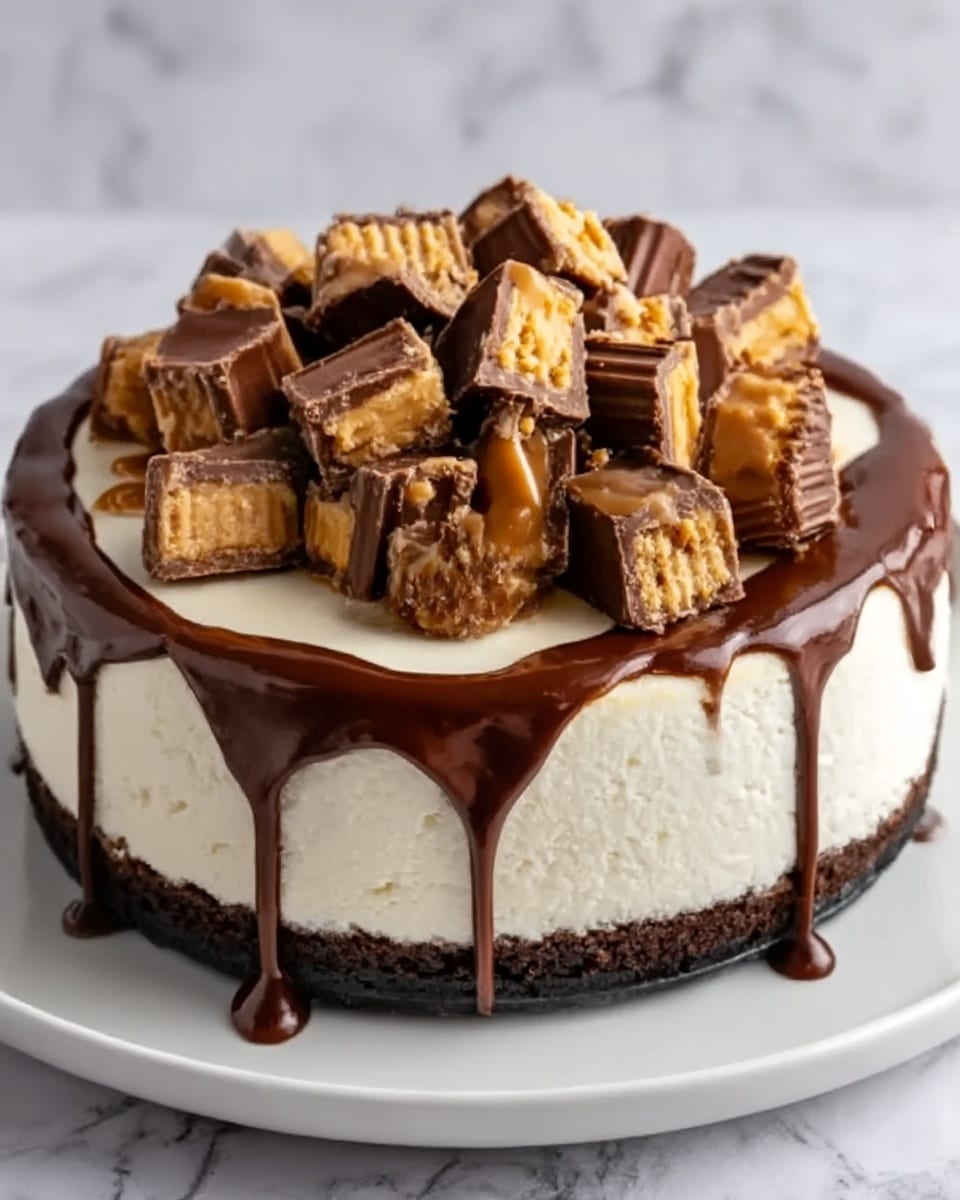 A cheesecake with three visible layers sits on a white plate against a white marbled background. The bottom layer is a dark brown, crumbly crust. The middle layer is thick, creamy, and light beige with a smooth texture. The top layer features a glossy, dark chocolate sauce dripping down the sides, topped with multiple cut pieces of a peanut butter and chocolate candy bar, showing a mix of light brown, tan, and dark chocolate colors in rough, chunky shapes. photo taken with an iphone --ar 4:5 --v 7