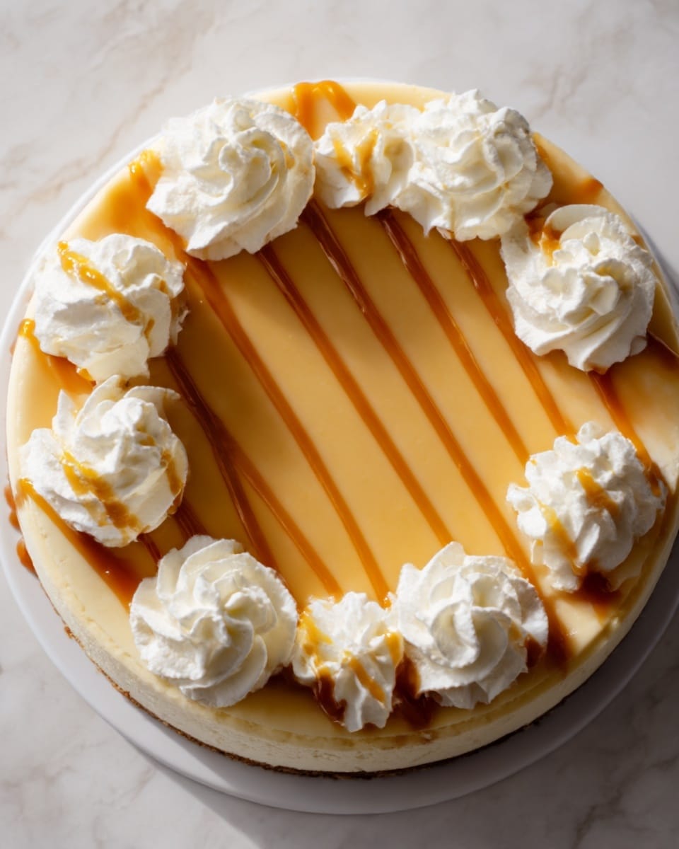 A round cheesecake on a white plate, with a smooth caramel top layer that has light brown caramel drizzle lines running across it. Around the edge, there are evenly spaced swirls of white whipped cream, each topped with a small drizzle of caramel sauce. The cheesecake has a light beige crust at the bottom that peeks out slightly below the caramel layer. The background is a white marbled texture. Photo taken with an iphone --ar 4:5 --v 7
