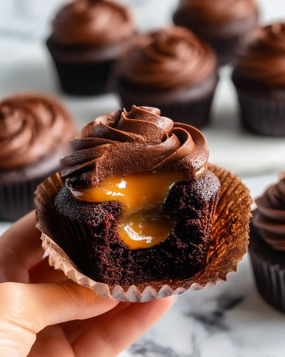 A close-up view of a chocolate cupcake held by a woman's hand with a brown cupcake liner partly peeled down, showing a dark, moist chocolate cake base with a soft texture. The cupcake has a thick layer of smooth caramel sauce oozing from the center, surrounded by a ring of rich, swirled chocolate frosting in a lighter brown shade on top. In the background, there are several similar cupcakes on a white marbled texture, softly blurred to keep focus on the front cupcake. Photo taken with an iphone --ar 4:5 --v 7