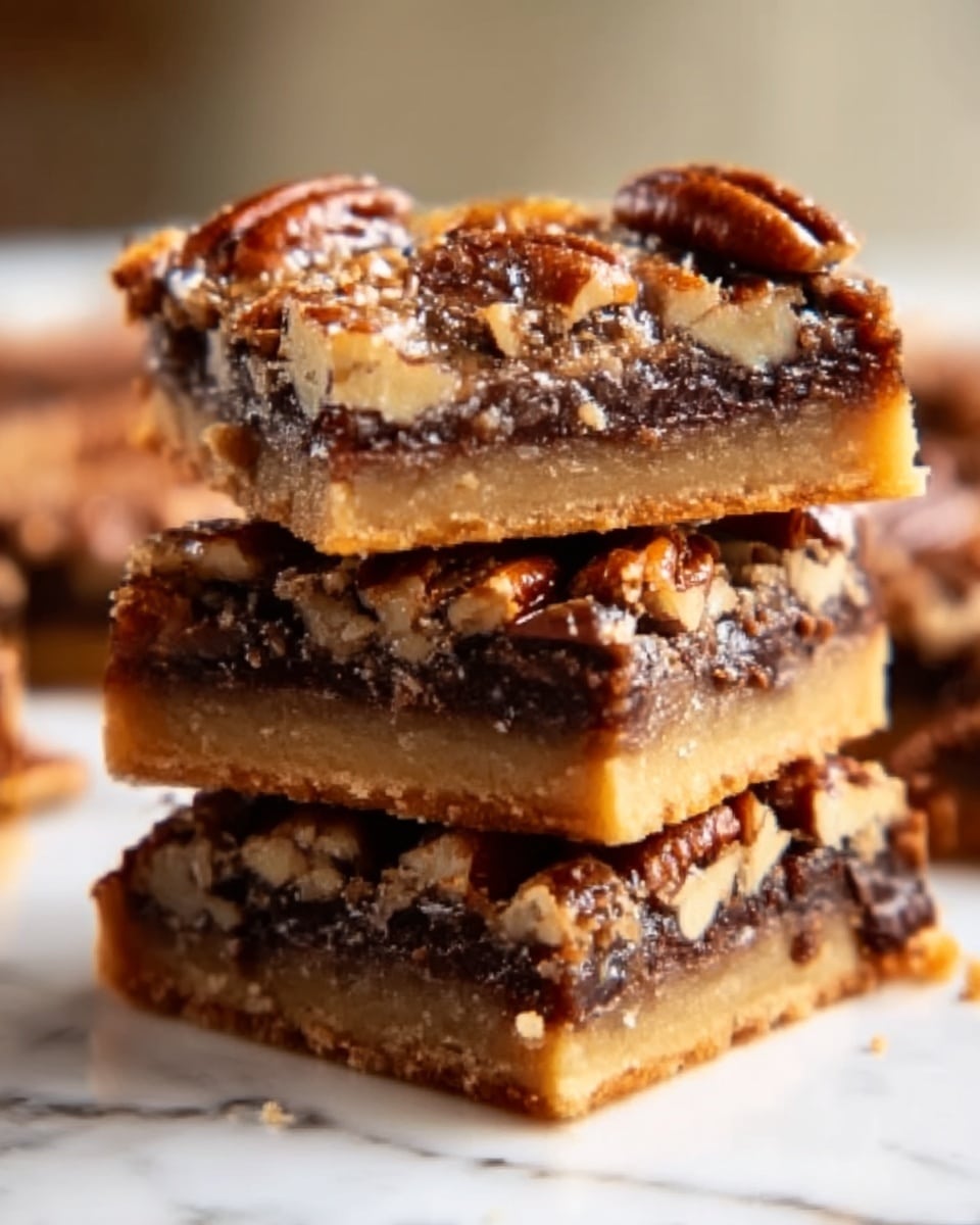 The image shows three stacked dessert bars with three visible layers. The bottom layer is a thick, smooth, golden-brown crust. The middle layer is dark, rich, and gooey, likely made of chocolate or a similar filling. The top layer is a crunchy, golden-brown nut topping with pieces of pecans scattered unevenly, adding texture and contrast. The bars are cut into squares with slightly crumbly edges, sitting on a white marbled surface. Photo taken with an iphone --ar 4:5 --v 7