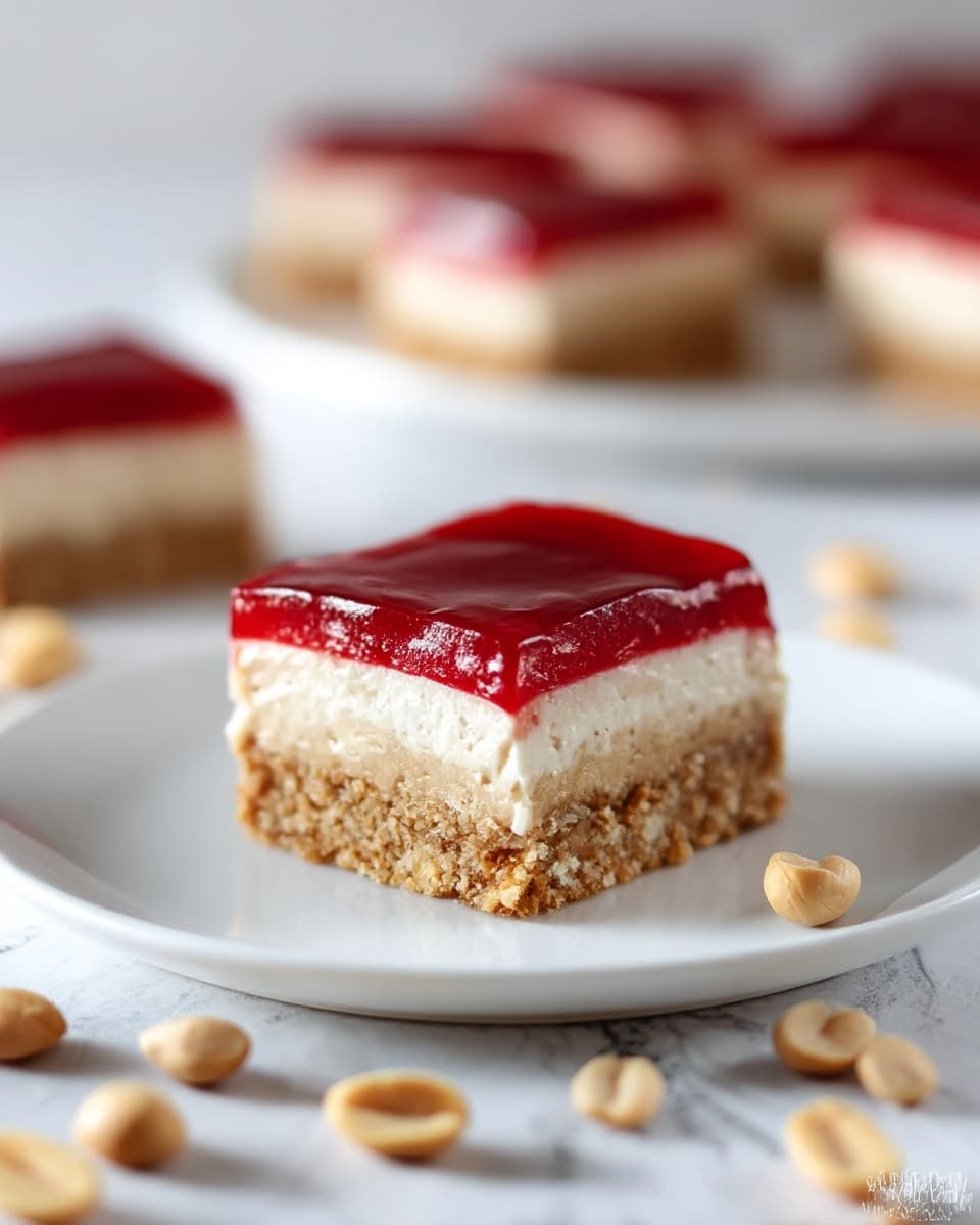 A single square piece of cheesecake is shown on a white plate, placed on a white marbled surface scattered with a few whole and broken peanuts. The cheesecake has three visible layers: a crumbly brown crust at the bottom, a thick pale creamy middle layer, and a glossy bright red jelly topping perfectly spread over the top. In the background, several more similar pieces are blurred, providing depth to the image. The photo taken with an iphone --ar 4:5 --v 7