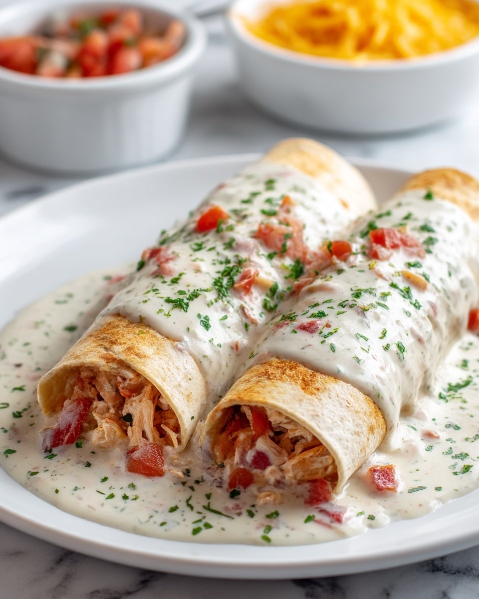 Two rolled tortillas filled with shredded chicken and small tomato pieces are placed side by side on a white rectangular plate. The tortillas are covered with a creamy white sauce that has a smooth texture with visible small bits of red tomatoes and finely chopped green herbs sprinkled on top. The sauce pools slightly around the edges of the tortillas. In the blurry background, a white bowl contains colorful side dishes, including yellow corn and a red tomato salsa. The whole setting rests on a white marbled surface. photo taken with an iphone --ar 4:5 --v 7