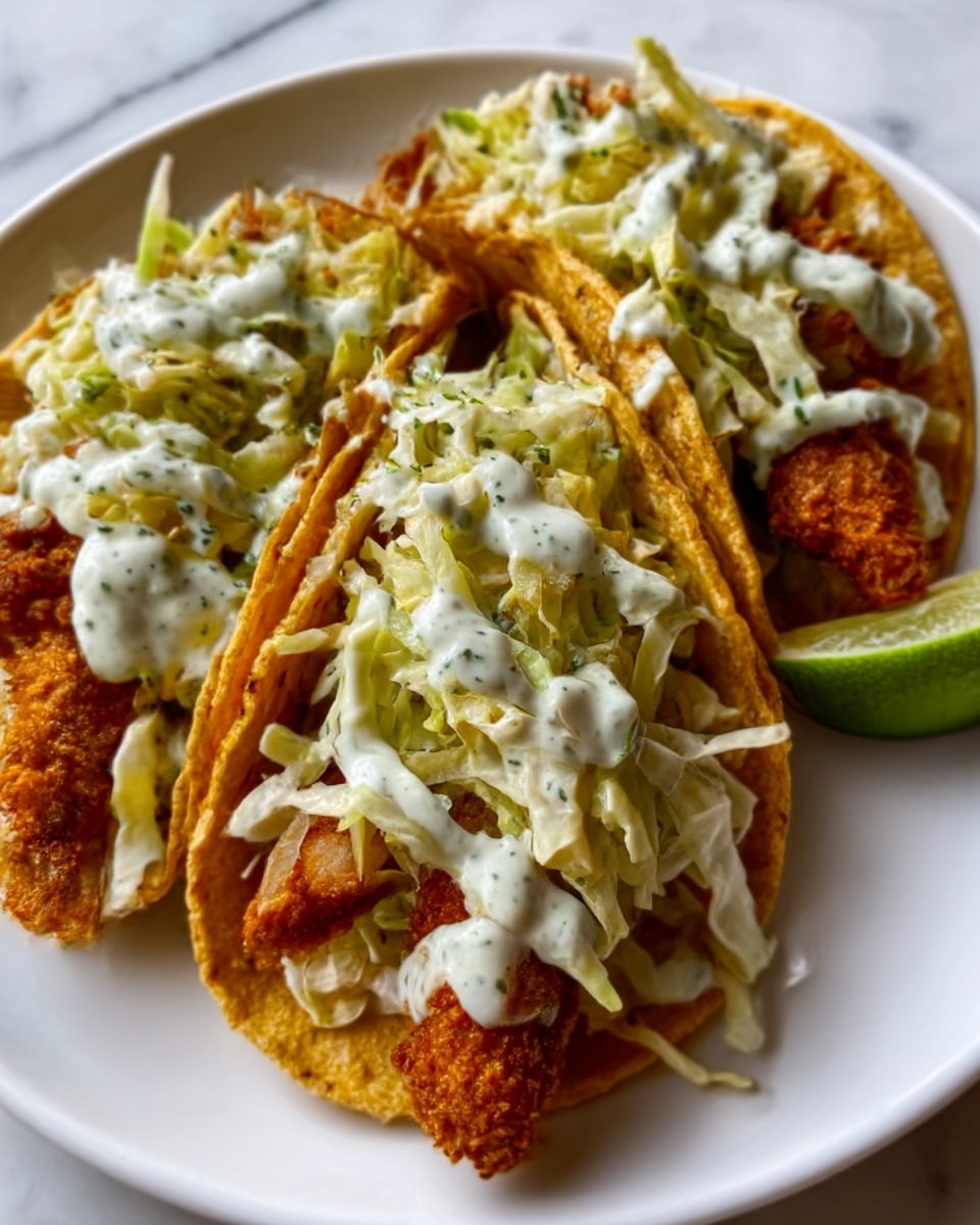 Three tacos are placed side by side on a white plate, each taco filled with a crispy golden-brown fried fish at the bottom layer. Above the fish, there is a layer of thin, light green shredded lettuce. On top of the lettuce, there is a drizzle of a creamy white sauce with green herbs mixed in, spread unevenly across each taco. The tacos are wrapped in slightly charred yellow corn tortillas that have textured spots. A small wedge of lime is partially visible at the edge of the plate. The surface under the plate is a white marbled texture. Photo taken with an iphone --ar 4:5 --v 7