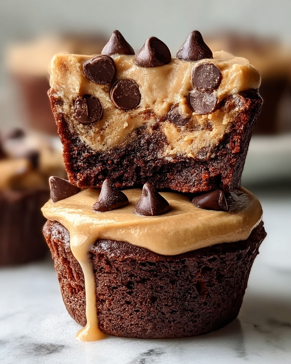 The image shows two stacked chocolate peanut butter cupcakes on a white marbled surface. The bottom cupcake has a dark, rich chocolate base with a smooth layer of creamy, light brown peanut butter frosting on top, which slightly drips down the sides. The upper cupcake is cut in half and placed on top, revealing a thick dark chocolate cake base with a swirl of light brown peanut butter filling inside. Large glossy dark chocolate chips are scattered on the frosting and inside the swirl, adding texture and contrast to the smooth frosting and dense cake. photo taken with an iphone --ar 4:5 --v 7