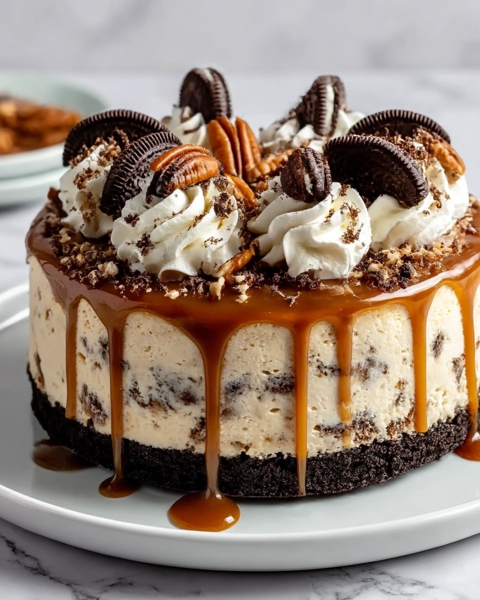 A round, three-layered dessert is shown on a white plate placed on a white marbled surface. The bottom layer is a dark brown, crumbly cookie crust. The middle layer is creamy white cheesecake with small dark cookie pieces embedded inside. The top layer is a smooth, shiny caramel sauce dripping down the sides. Around the edge of the top, there are evenly spaced white whipped cream swirls. The whipped cream is sprinkled with chocolate shavings, and the center is topped with halved dark cookies and pecan nuts. Photo taken with an iphone --ar 4:5 --v 7