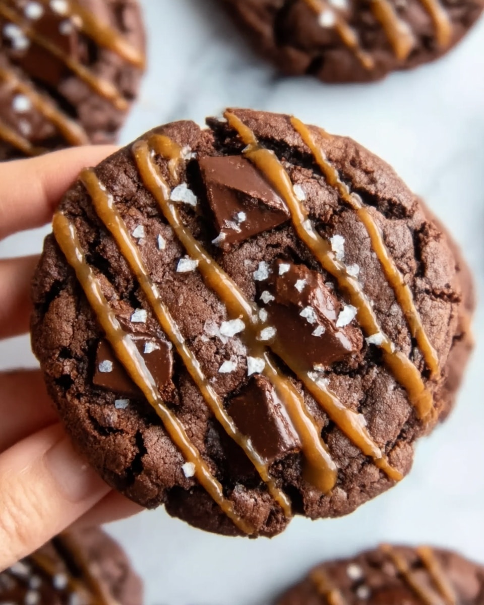 A close-up view of a thick chocolate cookie held by a woman's hand, showing a cracked surface filled with melted dark chocolate chunks. The cookie is topped with thin drizzles of caramel sauce and sprinkled lightly with coarse sea salt. The background features more cookies slightly blurred on a white marbled surface. The cookie looks rich and gooey with a shiny texture on top, emphasizing the chocolate and caramel contrast. photo taken with an iphone --ar 4:5 --v 7