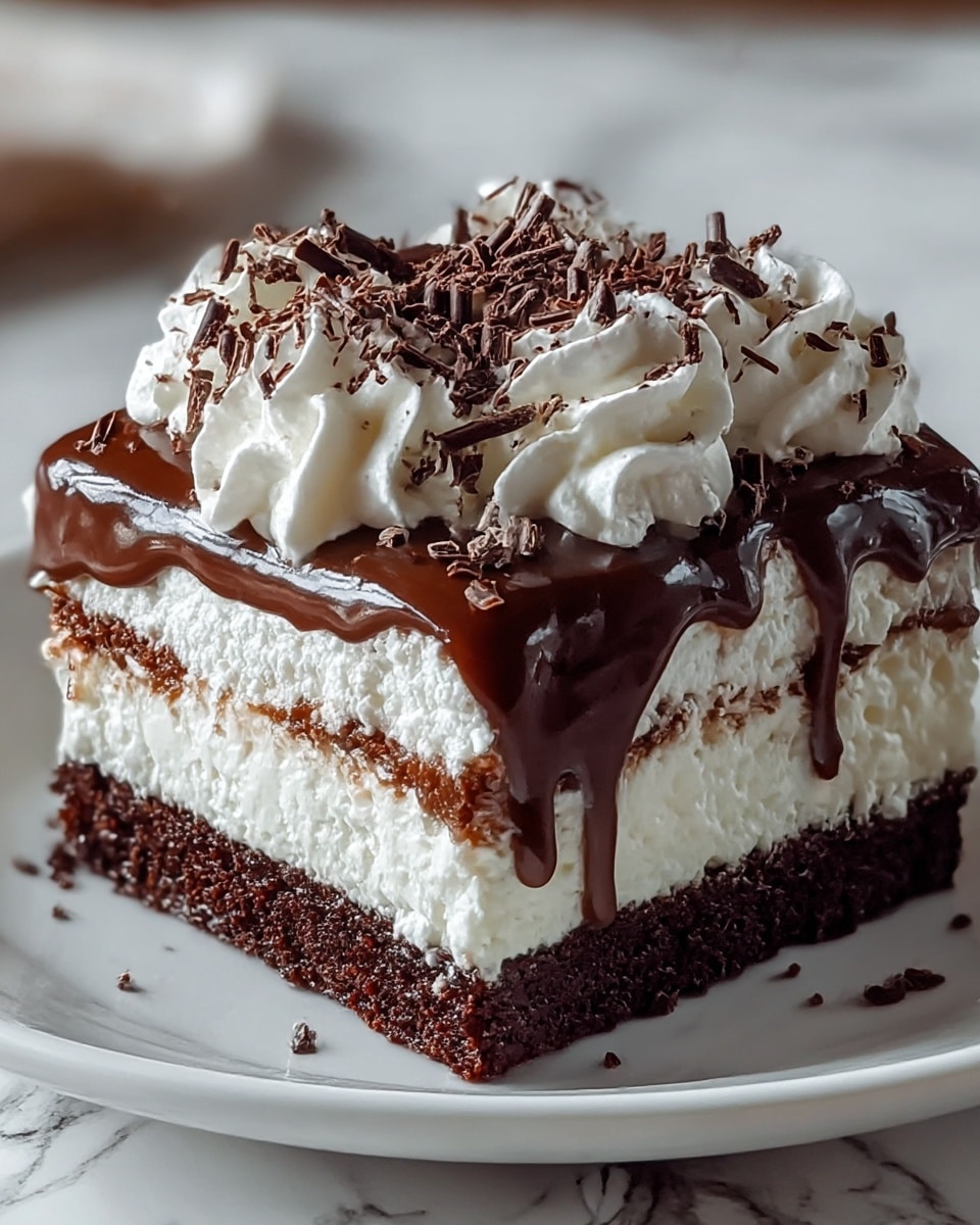 A square dessert with three clear layers sits on a white plate on a white marbled surface. The bottom layer is dense and dark brown, looking like moist chocolate cake. The middle layer is thick, white, and soft, resembling whipped cream or mousse. The top layer is a rich, glossy chocolate sauce that drips down the sides. Above this, there are fluffy swirls of white whipped cream covering the top, finished with a generous sprinkle of dark chocolate shavings. photo taken with an iphone --ar 4:5 --v 7