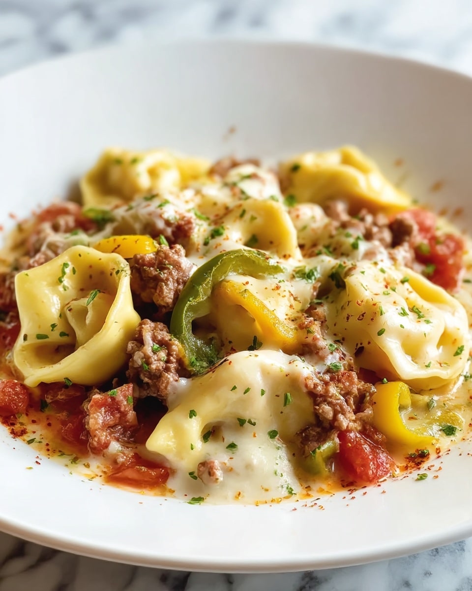 The dish features a white plate filled with three main layers: the base is a mix of browned ground meat and small red pieces, the middle layer consists of yellow tortellini pasta folds with some slightly browned edges, and the top layer is melted white cheese sprinkled with chopped green herbs and small pieces of green and yellow bell peppers. The cheese is slightly browned in spots, giving a creamy and textured look, with the green herbs scattered unevenly across the surface. The plate sits on a white marbled texture surface. photo taken with an iphone --ar 4:5 --v 7