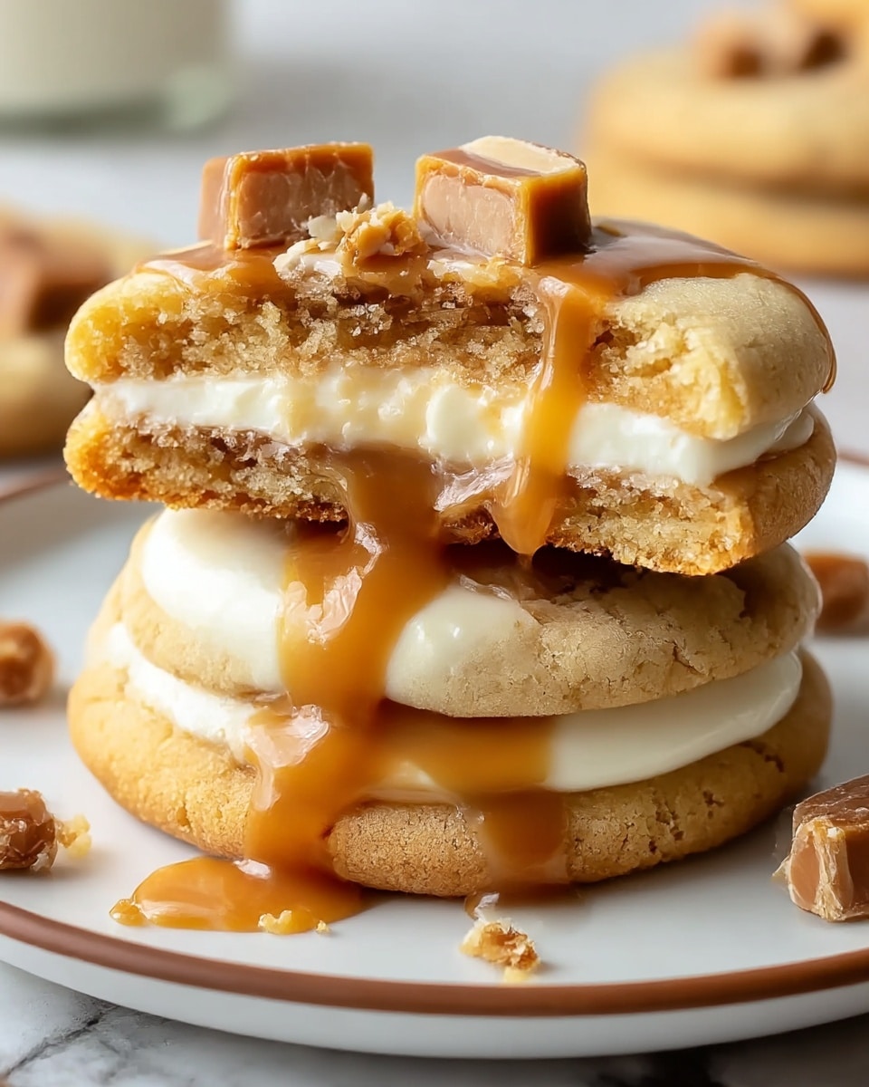 The image shows two thick cookies stacked on a white plate with a thin brown rim, placed on a white marbled surface. Each cookie has a light golden-brown outer layer with a soft and crumbly texture, featuring gooey caramel sauce dripping over the top and sides. In the middle, there is a visible creamy white filling layered with more caramel spread inside. Small chunks of caramel candy pieces are scattered on the top cookie, adding texture and color contrast. The cookies look soft and rich, with a mix of smooth caramel, creamy filling, and crumbly dough. Photo taken with an iphone --ar 4:5 --v 7