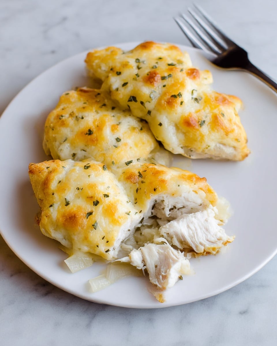 The dish shows a white plate holding two pieces of cooked chicken breast topped with melted golden-yellow cheese that is slightly browned on the edges. The cheese layer is sprinkled with finely chopped green herbs, adding a speckled texture on top. The chicken underneath is white and tender in texture, visible where one piece is pulled apart, showing a gooey, creamy sauce inside. A shiny silver fork sits on the top right edge of the plate. The plate is set on a white marbled surface. photo taken with an iphone --ar 4:5 --v 7