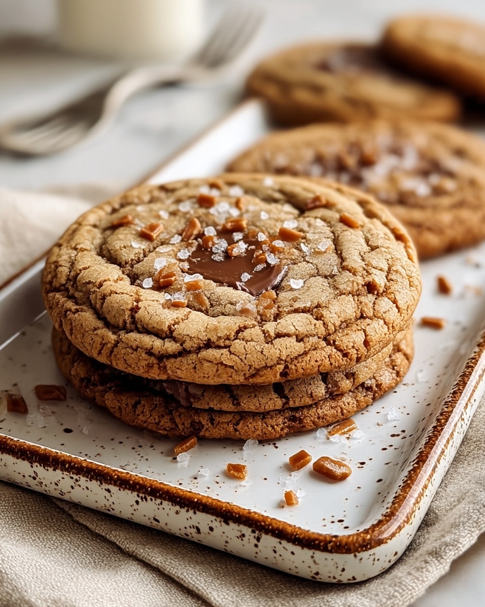 A close-up view of a stack of three thick, soft cookies on a white rectangular plate with speckled edges, placed on a white marbled surface. The cookies are golden brown with a cracked texture, each showing a middle layer of melted chocolate that is rich and glossy. On top of the cookies, there are small chunks of caramel and large crystals of sea salt scattered, adding detail and texture. Around the plate, more caramel pieces are sprinkled casually. In the blurred background, there are more cookies and two metal forks, creating a cozy scene. photo taken with an iphone --ar 4:5 --v 7